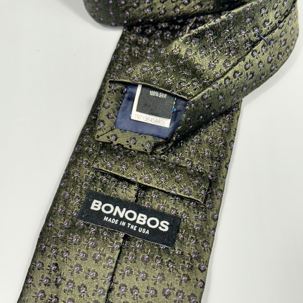 Bonobos Necktie Mens OS Olive Green Floral Medallion 100% Silk USA Excellent